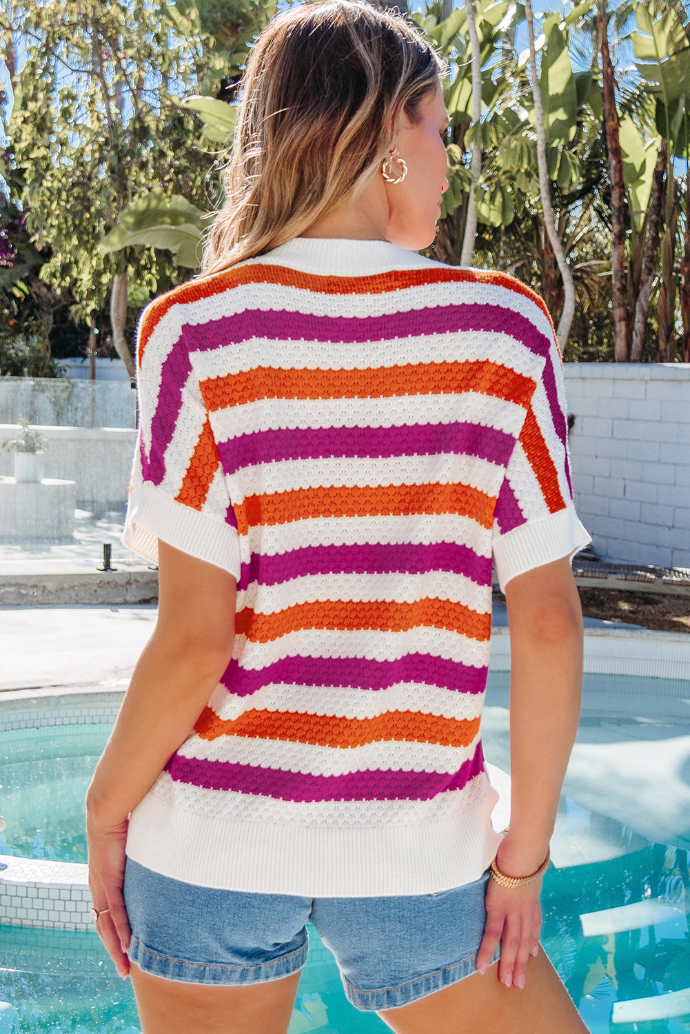 Rose Stripe V Neck Short Sleeve Sweater with Side Slits
