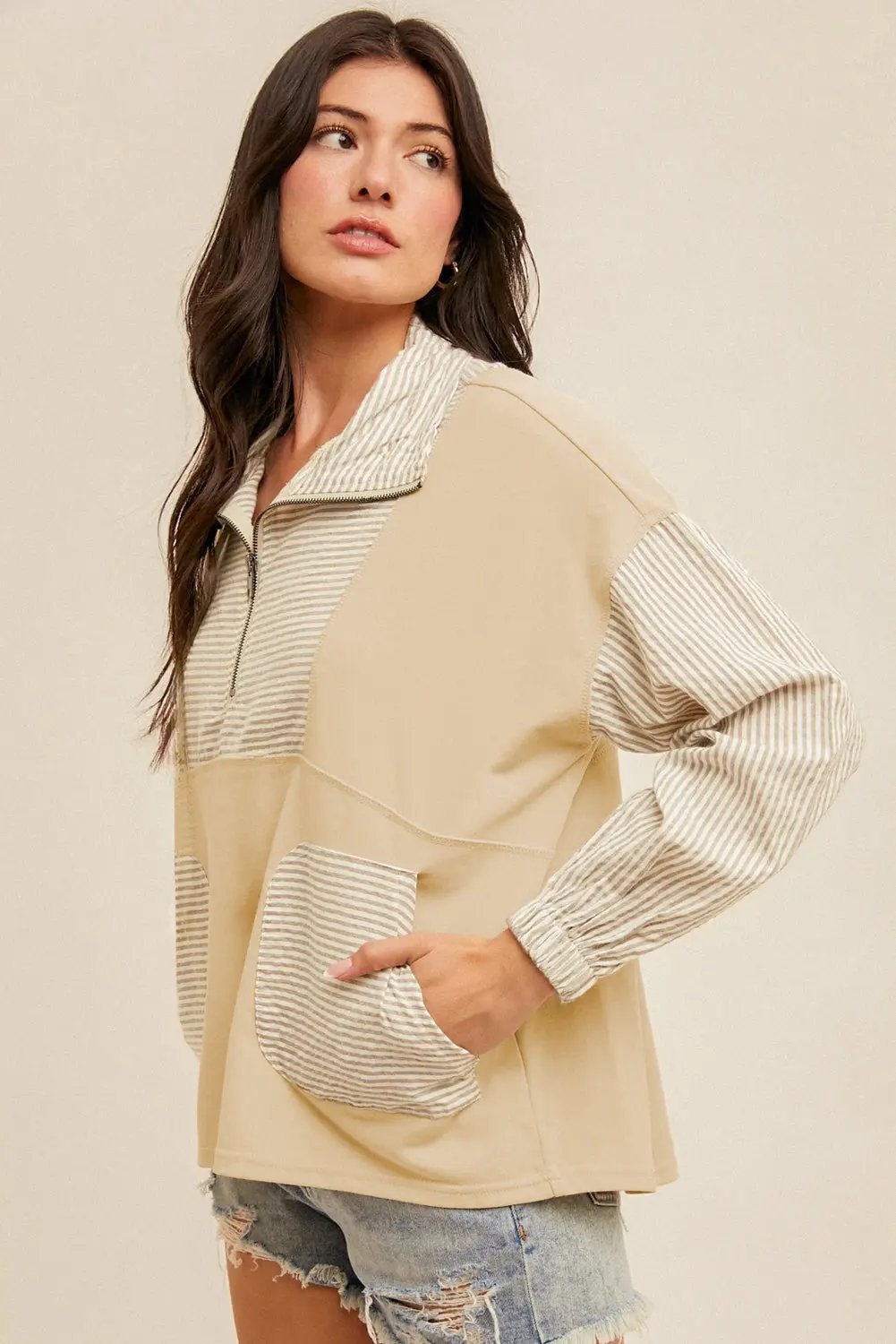 Khaki Stripe Mix Half Zip French Terry Plus Size Sweatshirt Dear-Lover Dropshipping