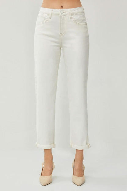 Elevate your style with high waist rolled hem straight jeans