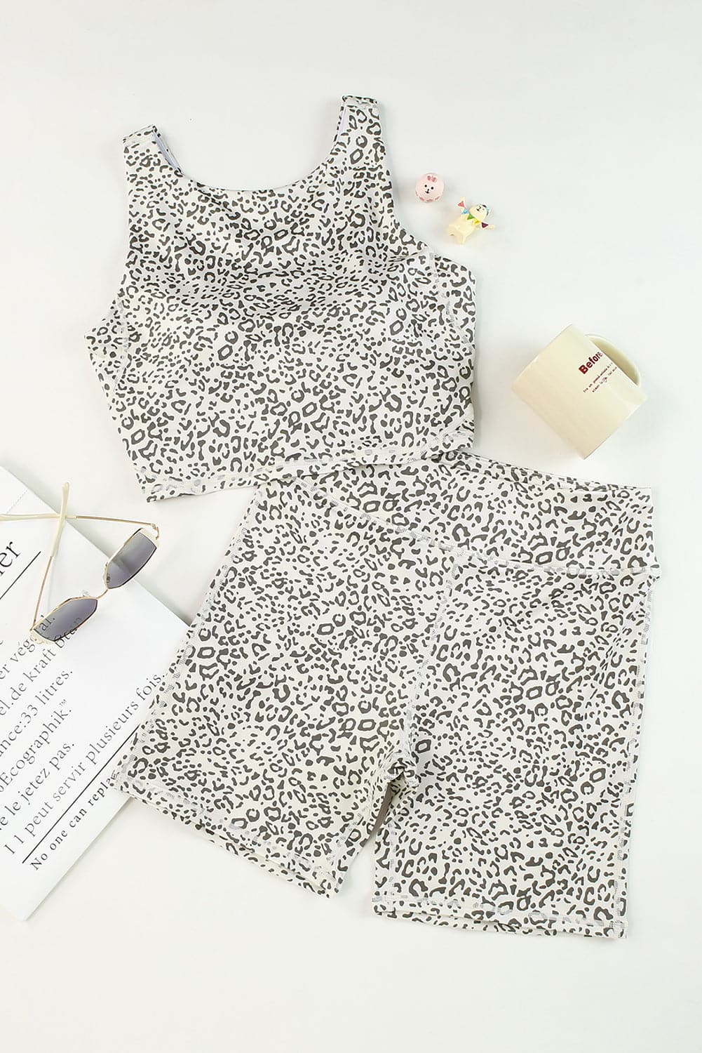 Leopard Round Neck Wide Strap Top and Shorts Set.