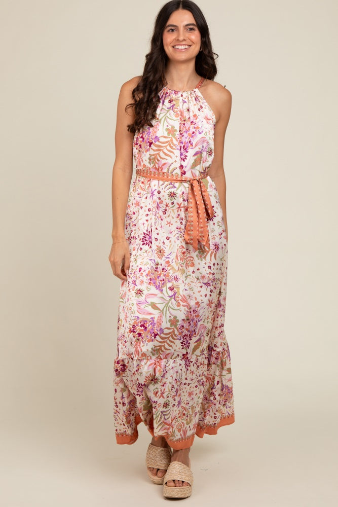 Lavender Floral Halter Front Tie Maxi Dress PinkBlush