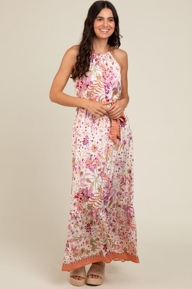 Lavender Floral Halter Front Tie Maxi Dress PinkBlush