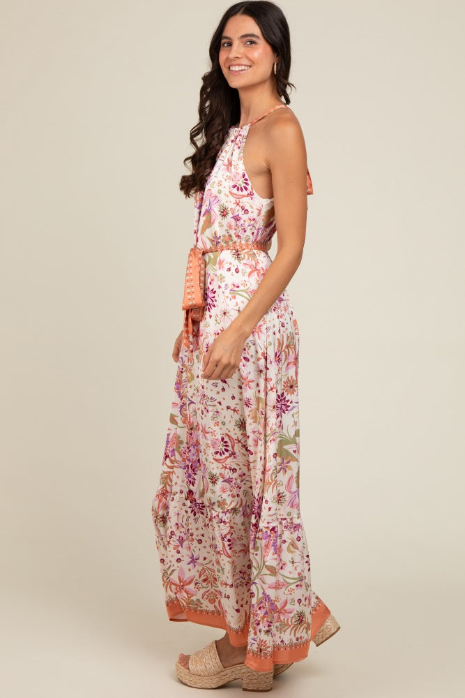 Lavender Floral Halter Front Tie Maxi Dress PinkBlush