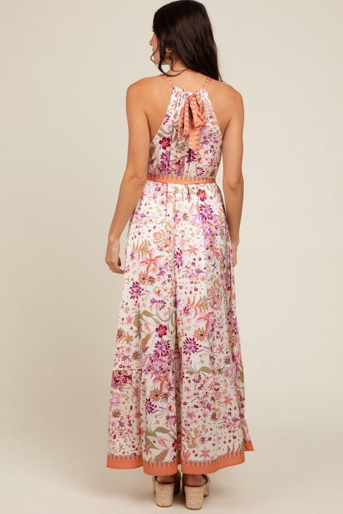Lavender Floral Halter Front Tie Maxi Dress PinkBlush