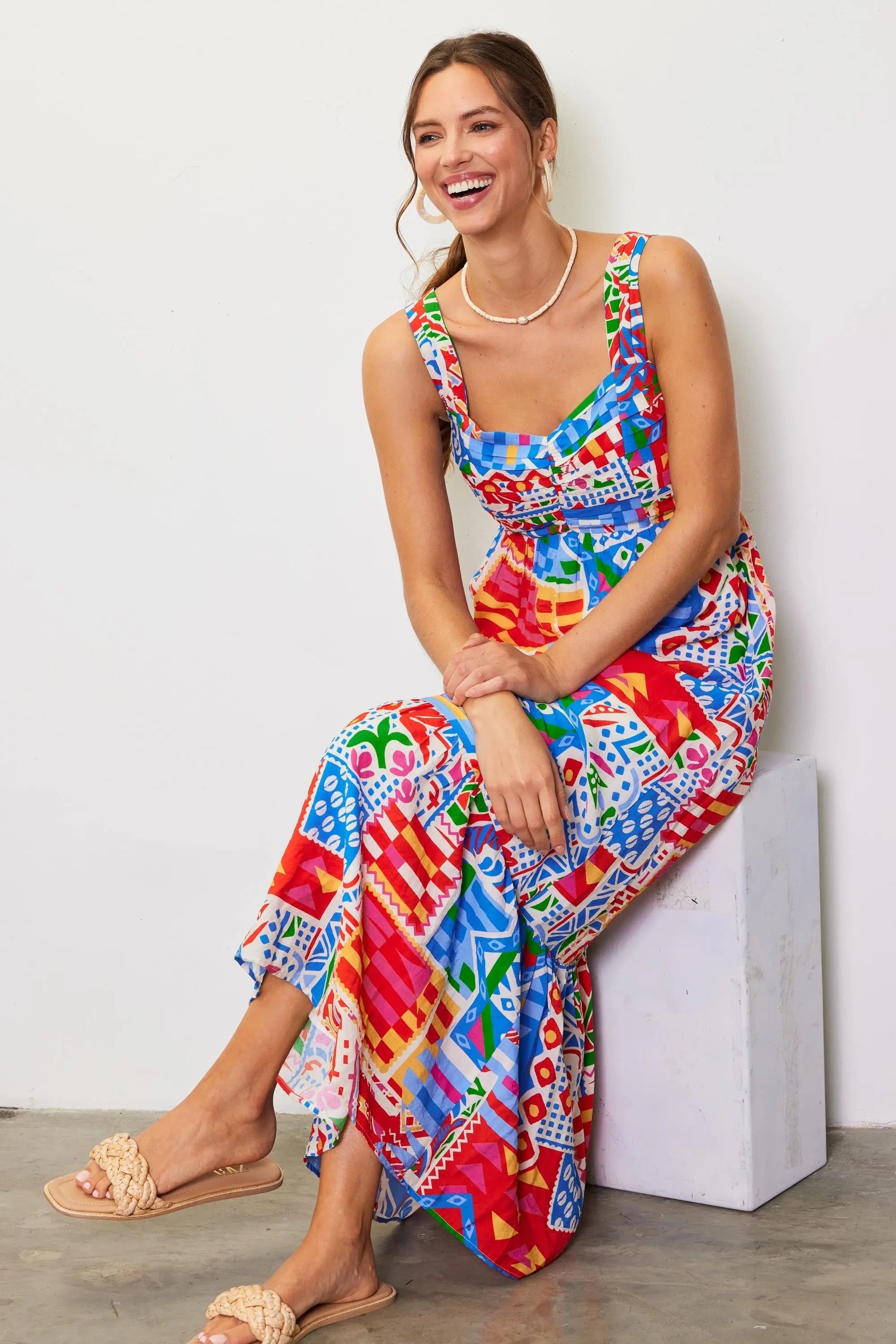Blue Multi-Color Abstract Print Tiered Maxi Dress PinkBlush