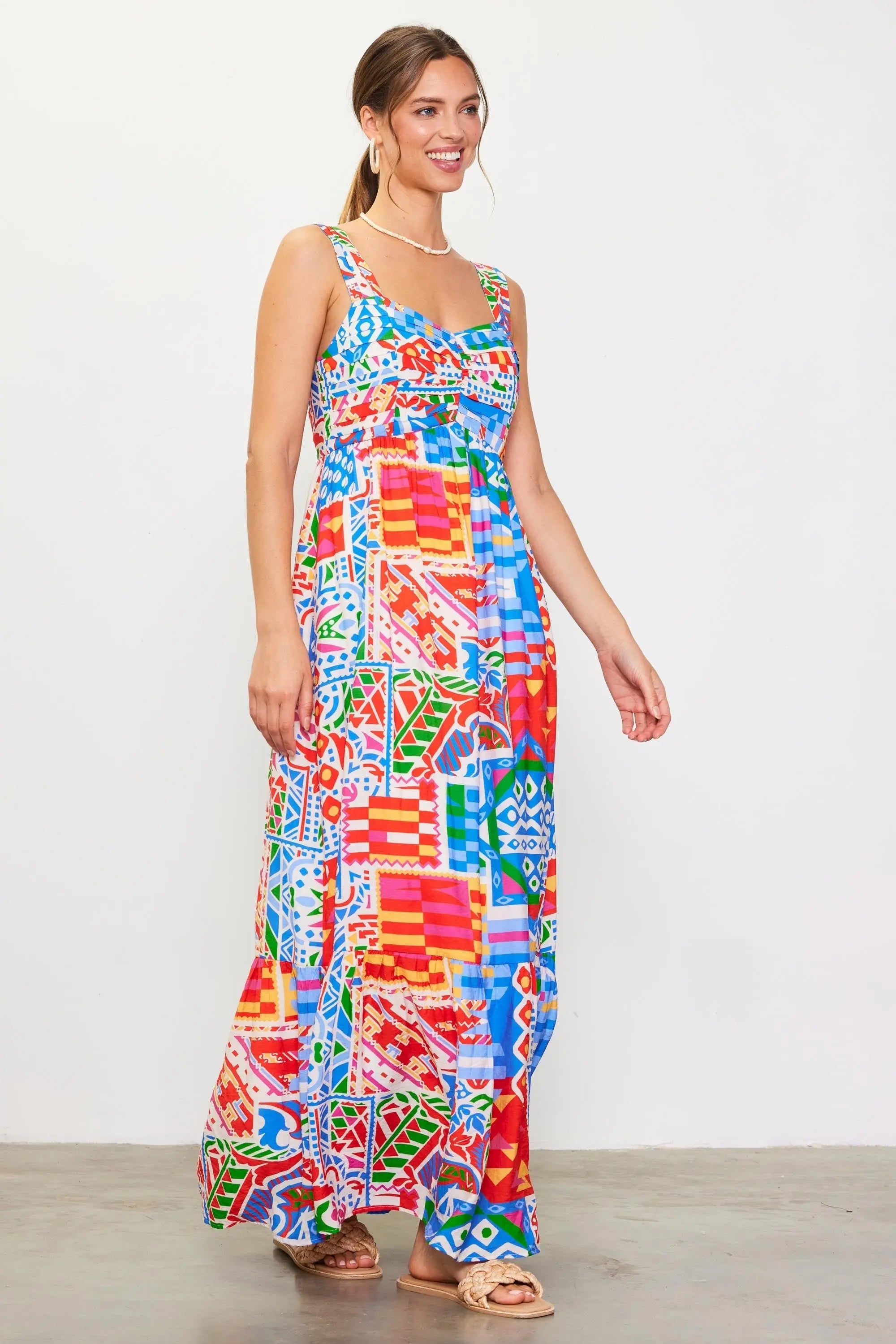 Blue Multi-Color Abstract Print Tiered Maxi Dress PinkBlush