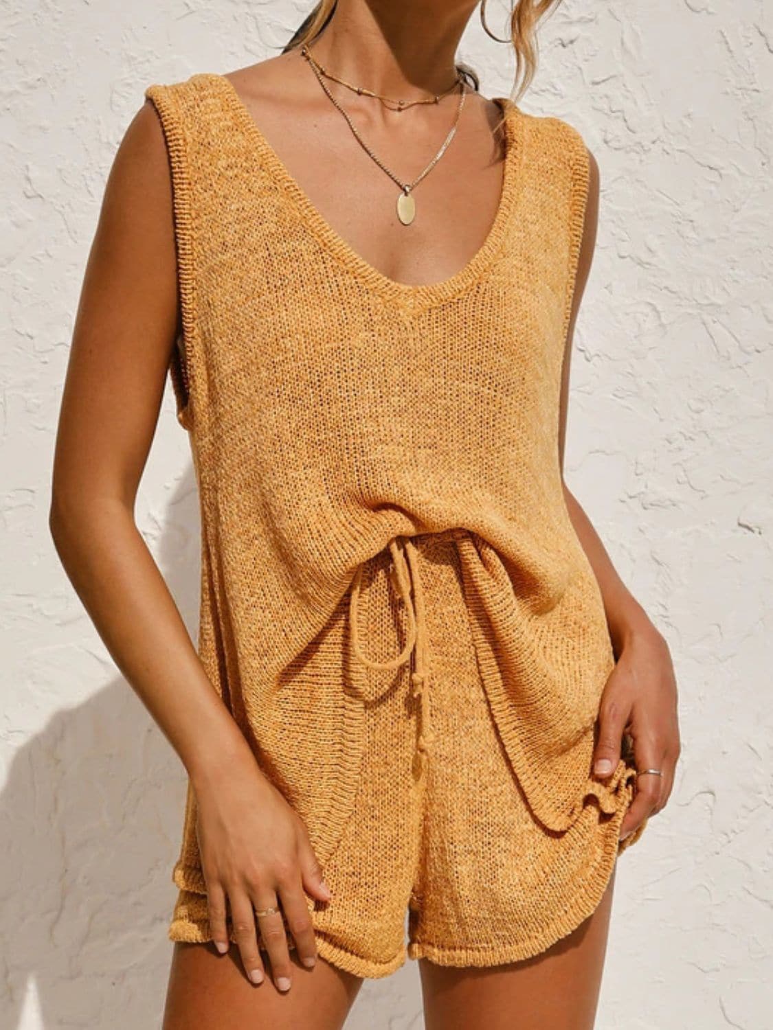 V-Neck Sleeveless Top and Drawstring Shorts Sweater Set.