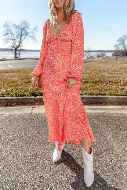 Chic V-neck midi dress, long sleeves