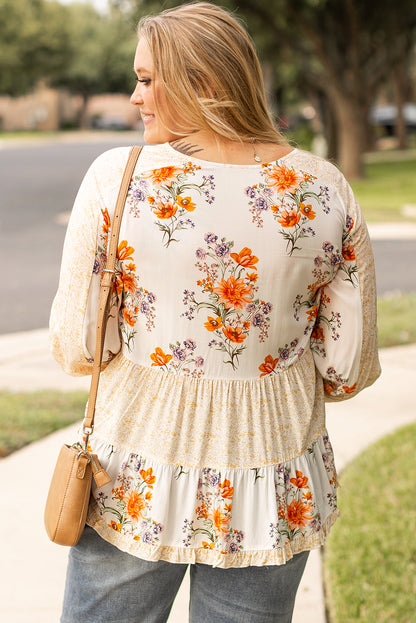 Chic white floral print blouse with puff sleeves for plus sizes