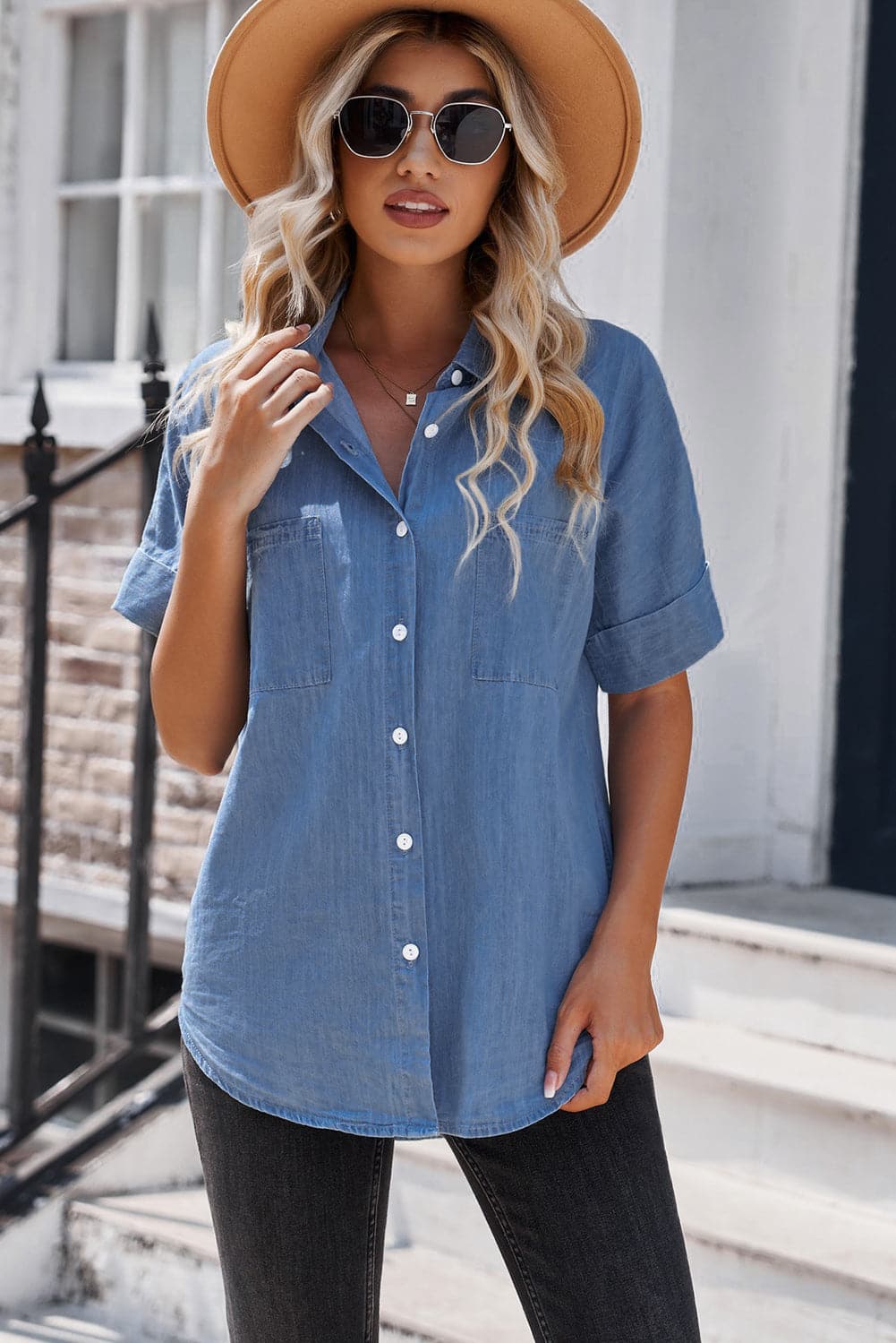 Button Front Collared Short Sleeve Shirt.