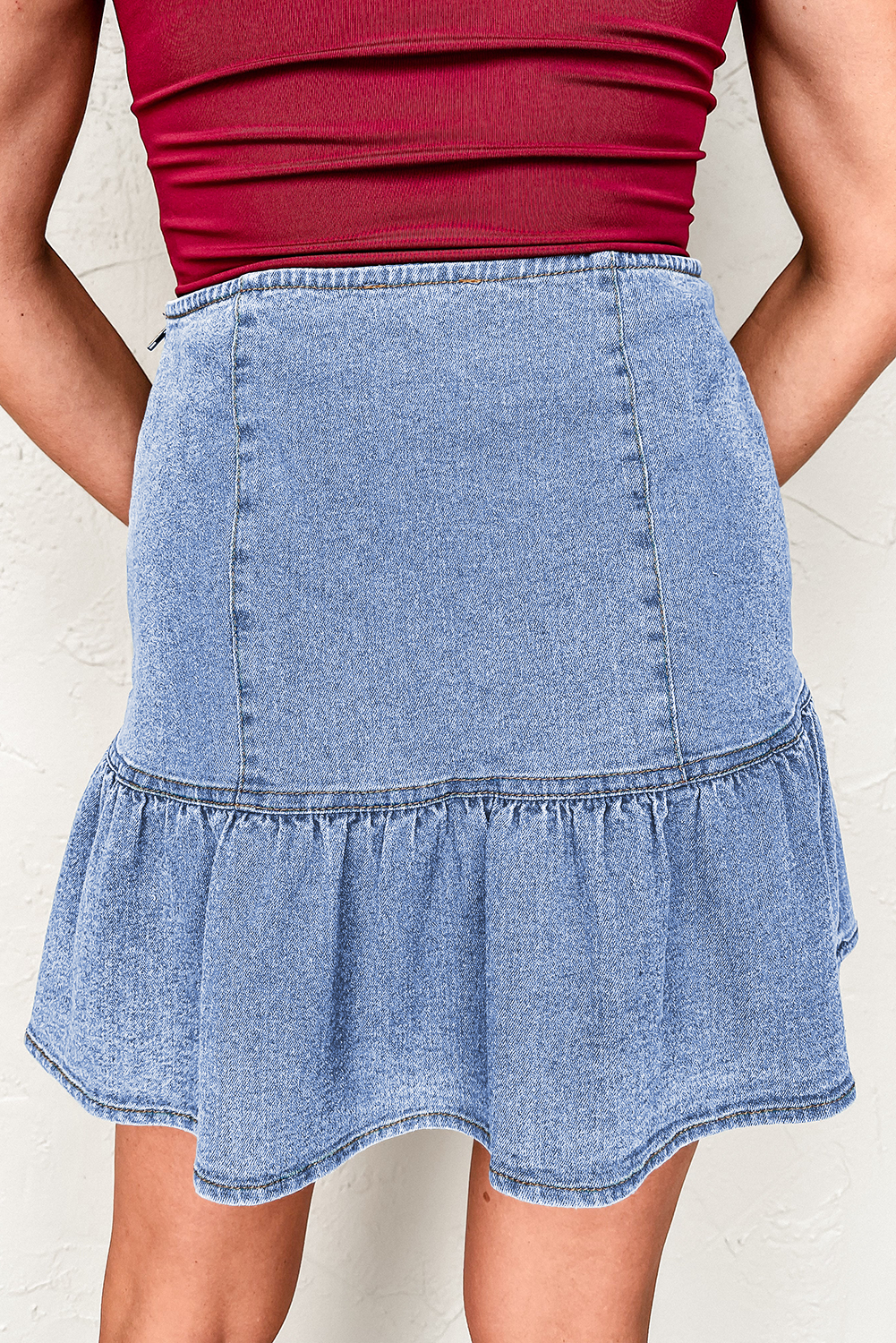 Beau Blue Ruffled Asymmetric Denim Mini Skirt