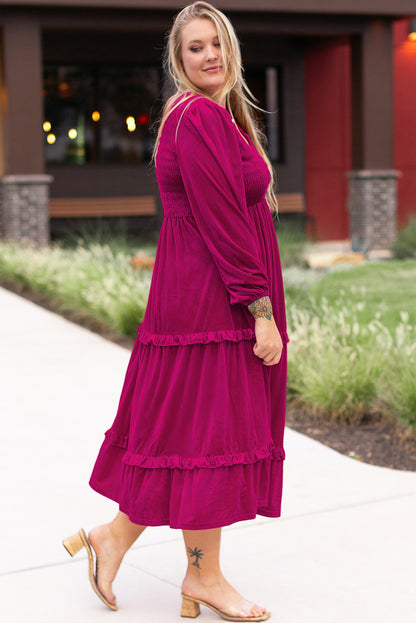 Elegant rose red velvet plus size maxi dress with ruffled tiers and V-neck