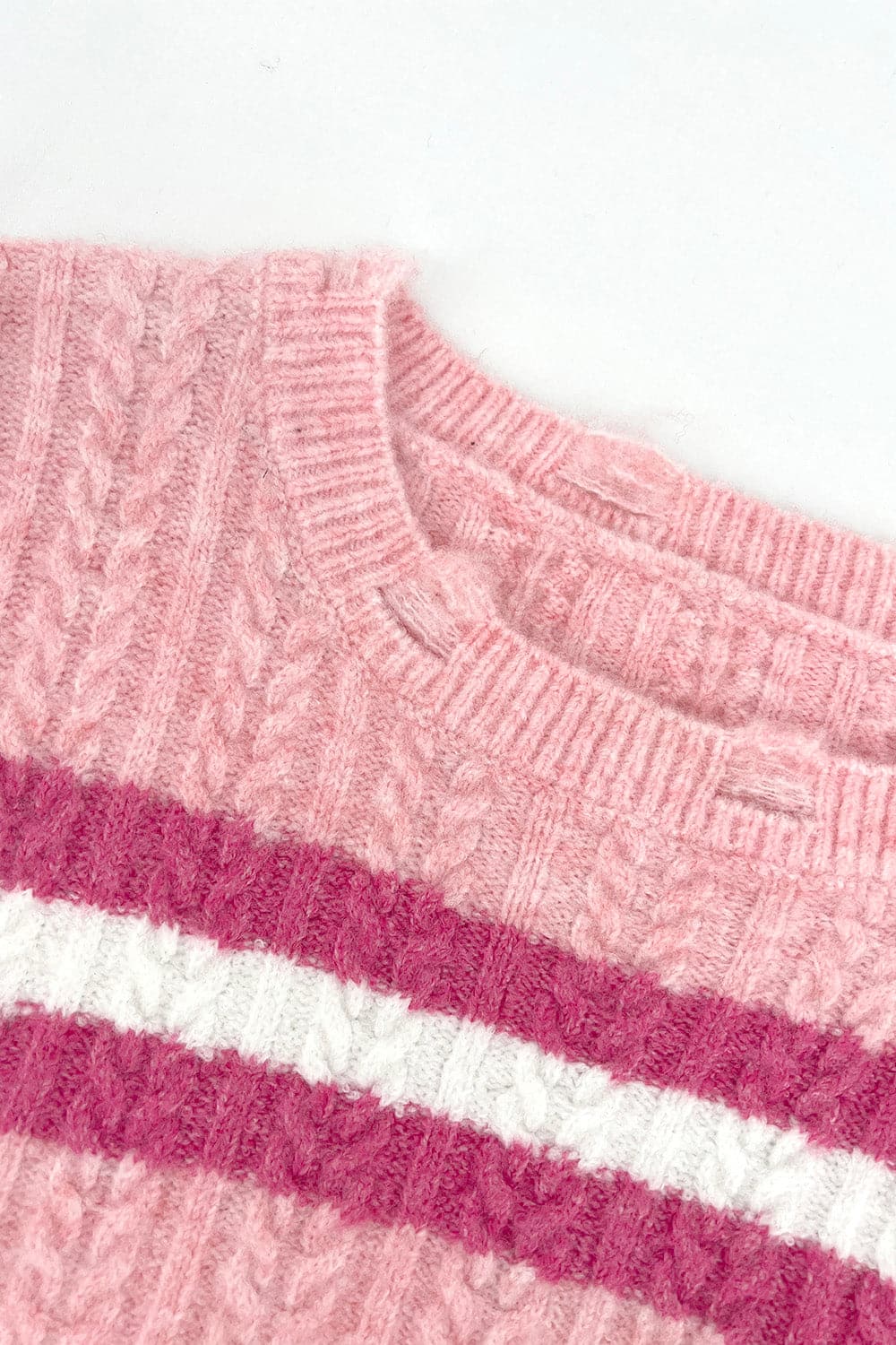 Cable-Knit Striped Dropped Shoulder Sweater.