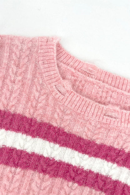 Cable-Knit Striped Dropped Shoulder Sweater.