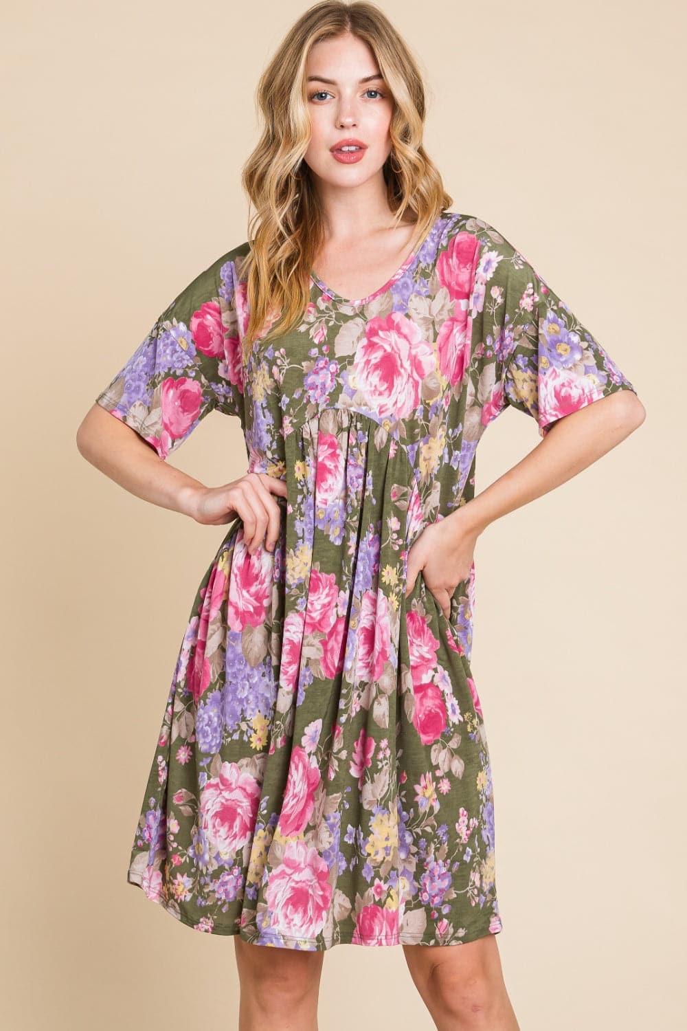 BOMBOM Flower Print V-Neck Ruched Dress.