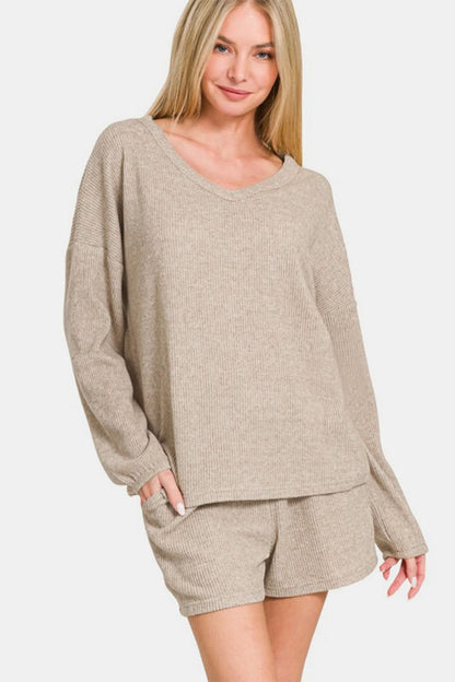 Ribbed V-Neck Long Sleeve Top and Shorts Coordinated Set