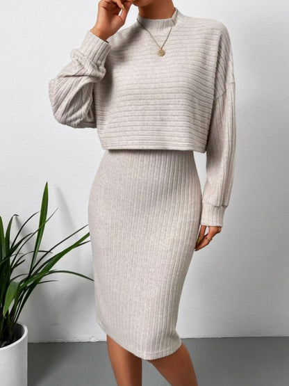 Mock Neck Long Sleeve Top with Wide Strap Dress Combo Set