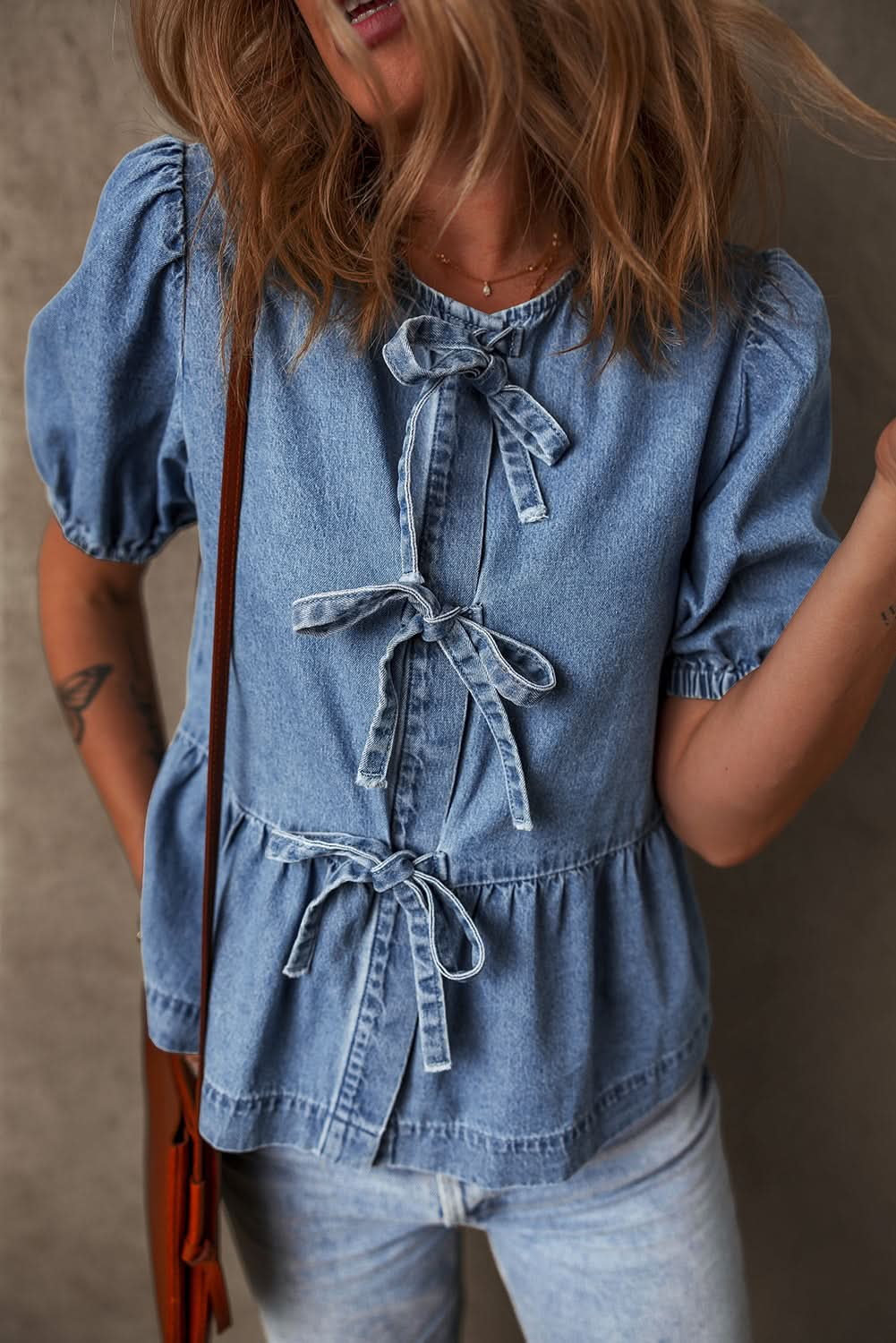 Dusk Blue Tie-Front Peplum Denim Shirt with Bubble Sleeves