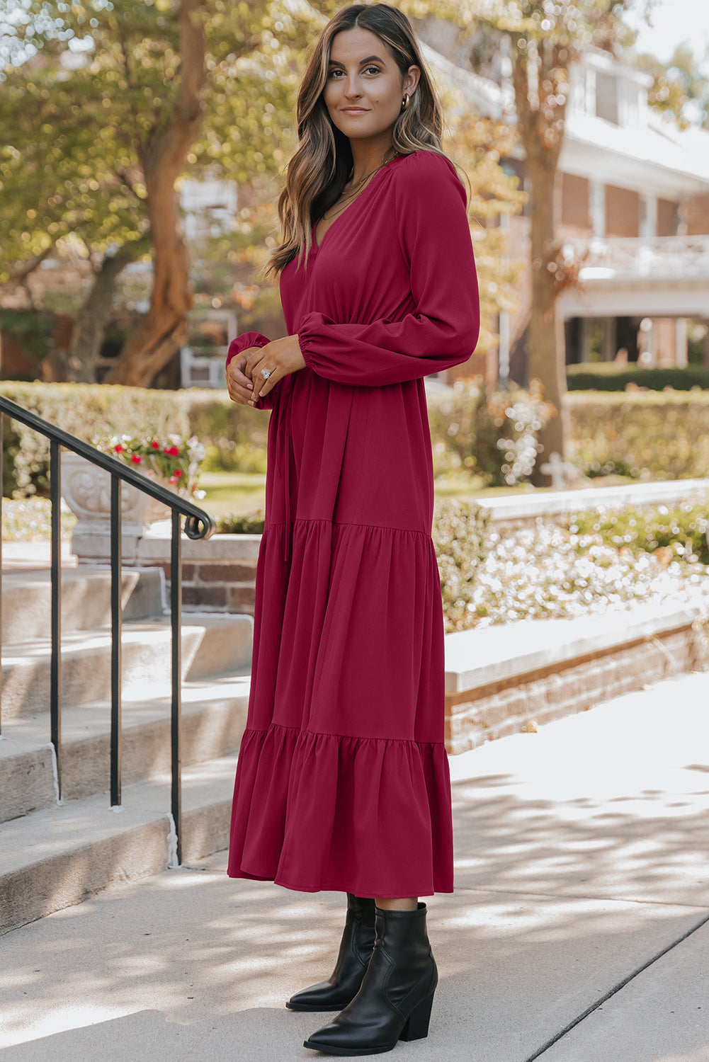 Burgundy Solid Long Sleeve Button Front V Neck Tiered Maxi Dress For Women Dear-Lover Dropshipping