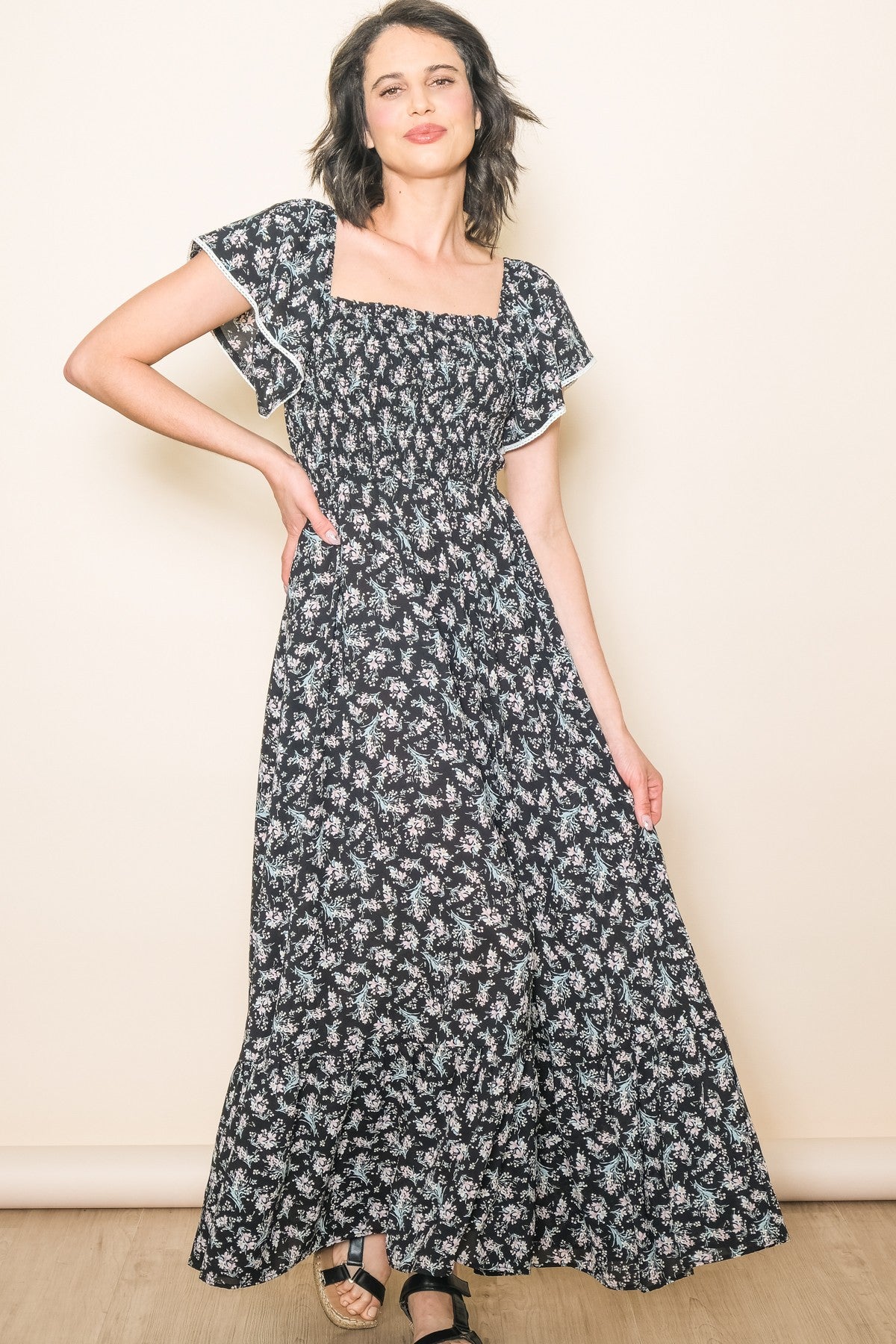 Black Floral Smocked Crochet Trim Maternity Dress PinkBlush