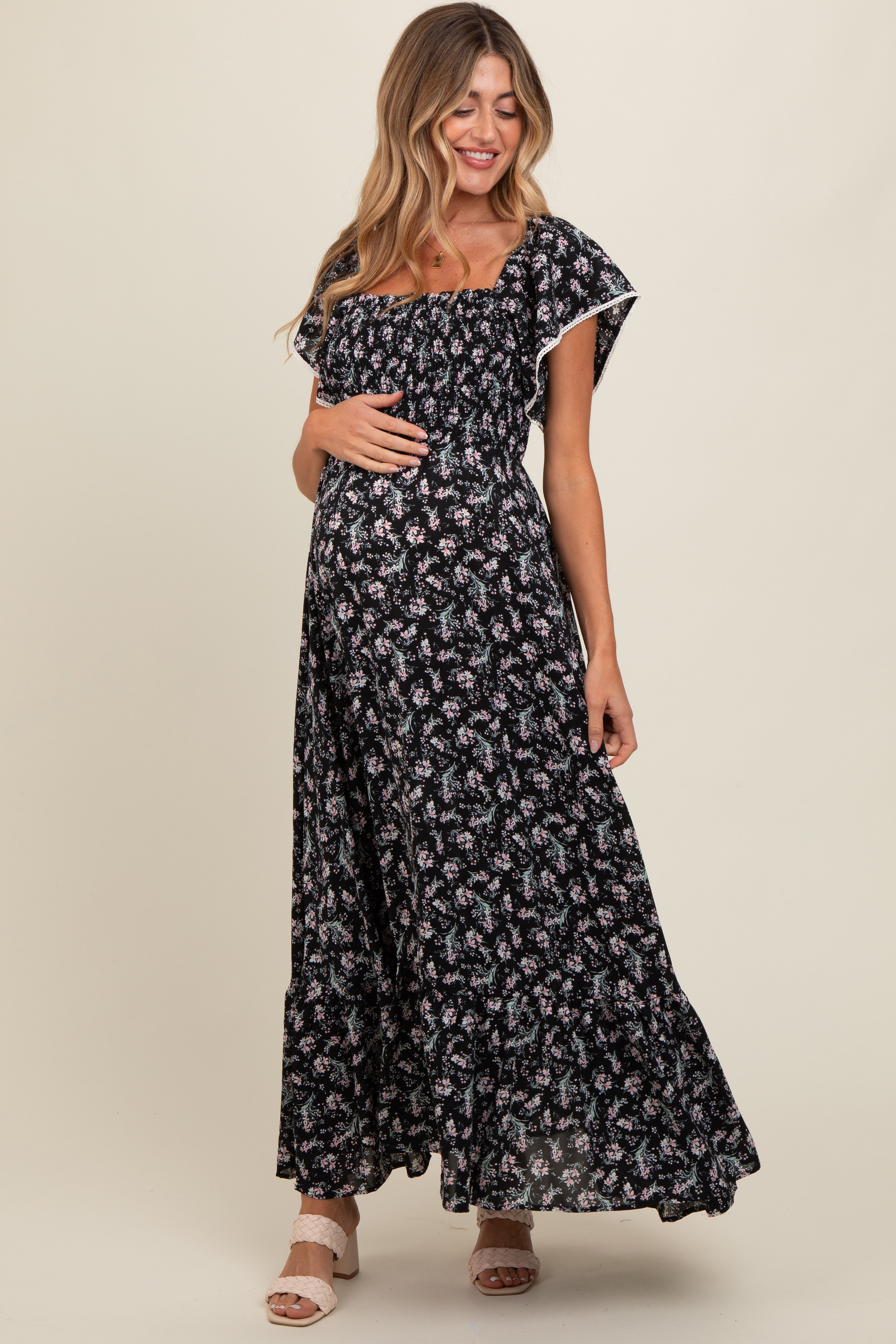 Black Floral Smocked Crochet Trim Maternity Dress PinkBlush