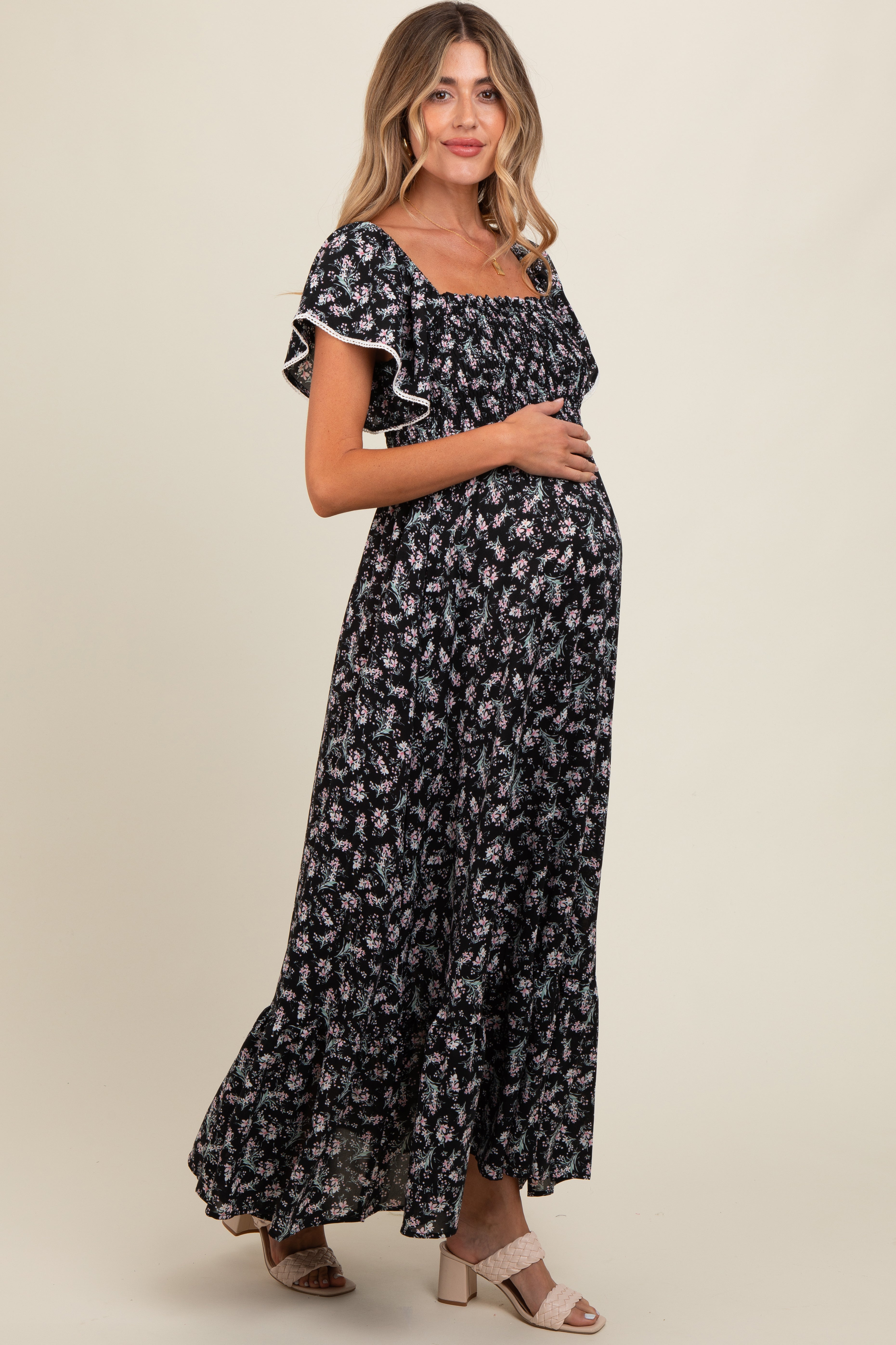 Black Floral Smocked Crochet Trim Maternity Dress PinkBlush