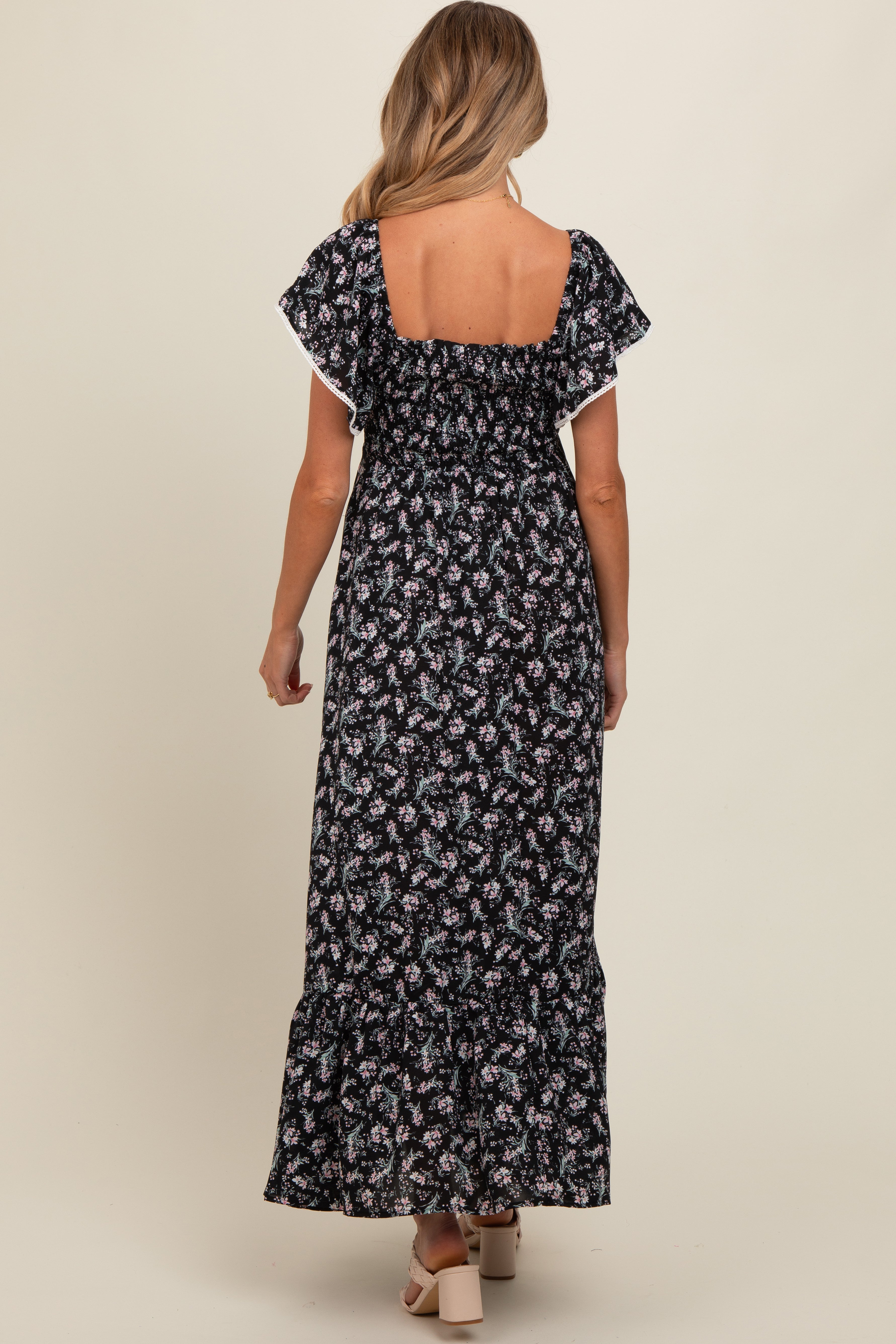 Black Floral Smocked Crochet Trim Maternity Dress PinkBlush