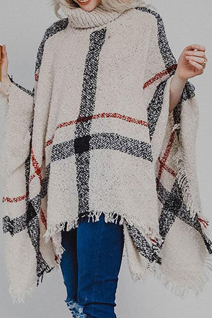 Plaid Turtleneck Raw Hem Poncho.