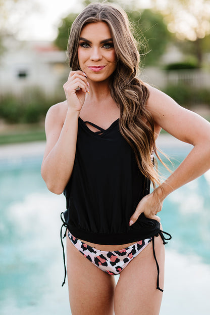 Chic leopard print tankini with striped accents