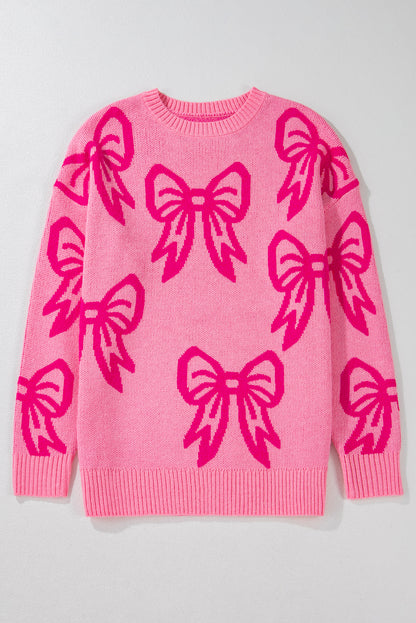 Feminine Pink Bow Print Loose Fit Sweater with Drop Shoulders