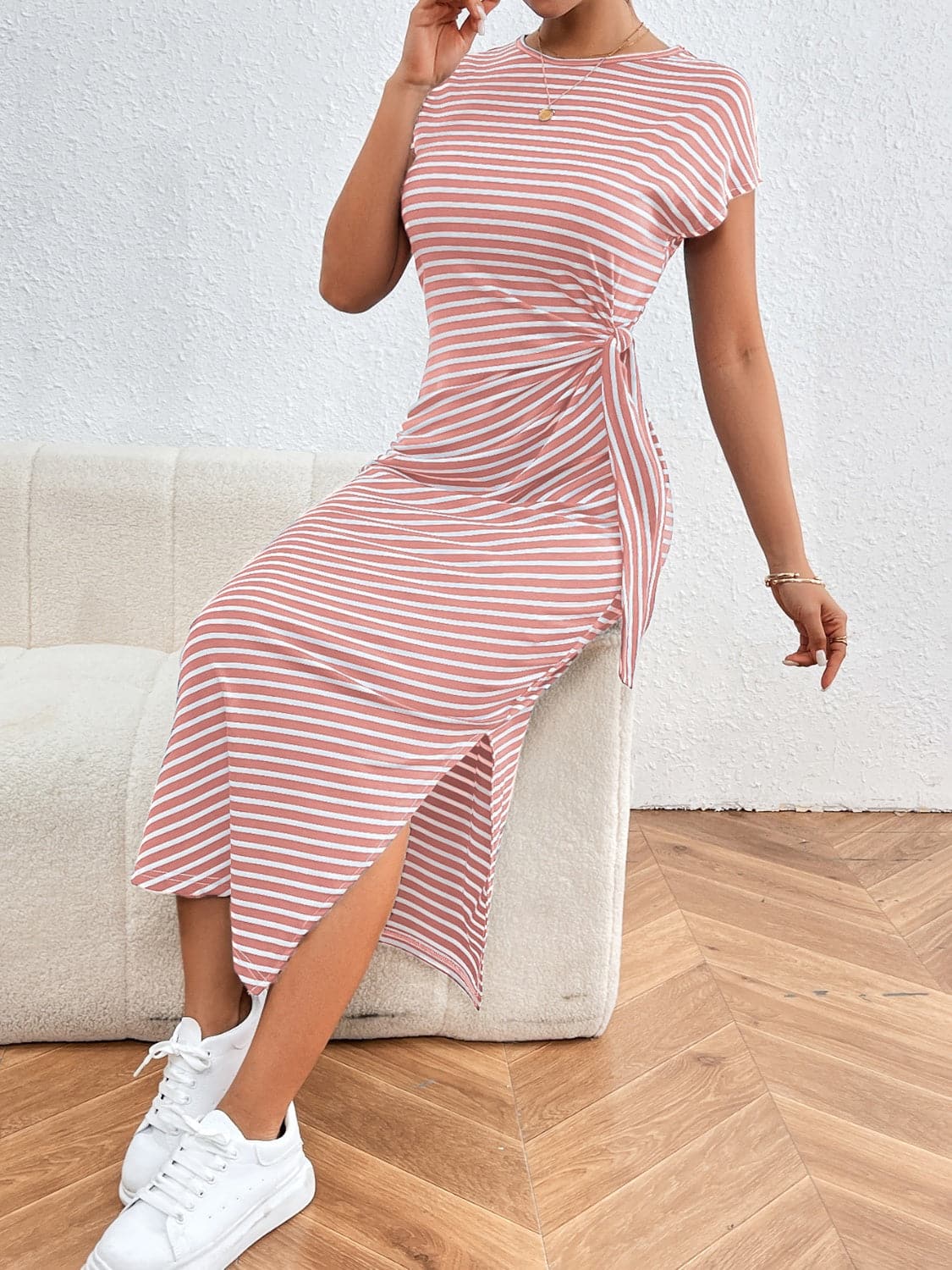 Tied Striped Round Neck Short Sleeve Tee Dress.