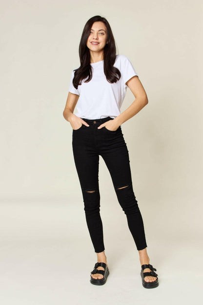 Judy Blue Full Size Distressed Tummy Control High Waist Skinny Jeans.