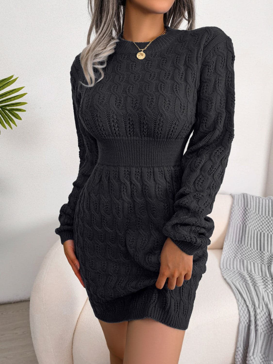 Cable-Knit Round Neck Mini Wrap Sweater Dress.