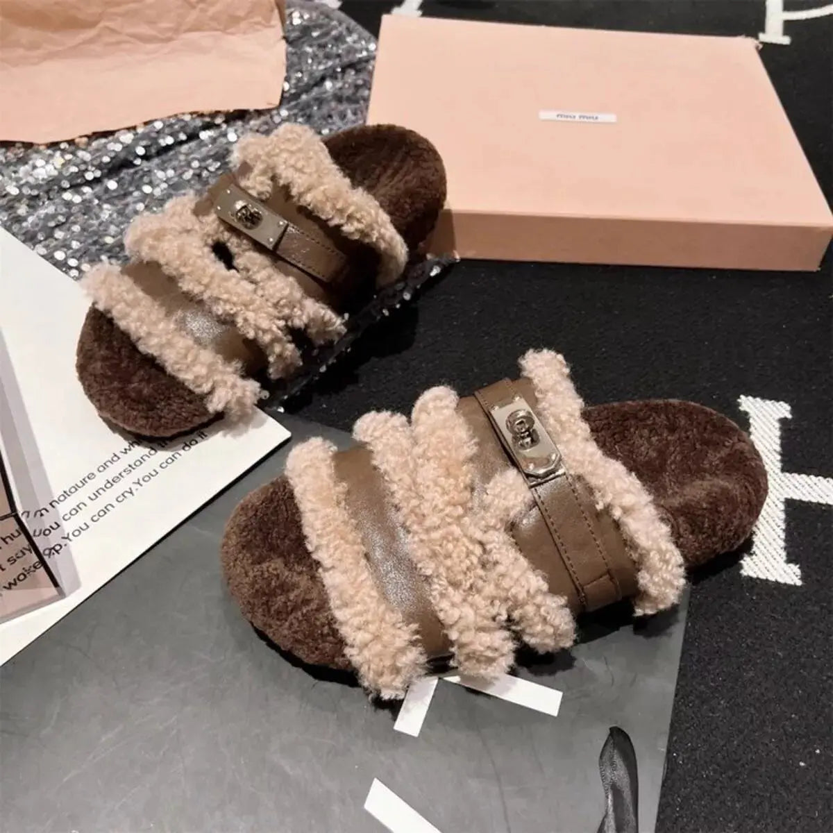 Fuzzy Buckle Accent Plush Slippers Simply Love