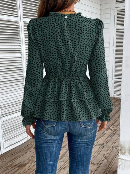 Printed Round Neck Smocked Flounce Sleeve T-Shirt.