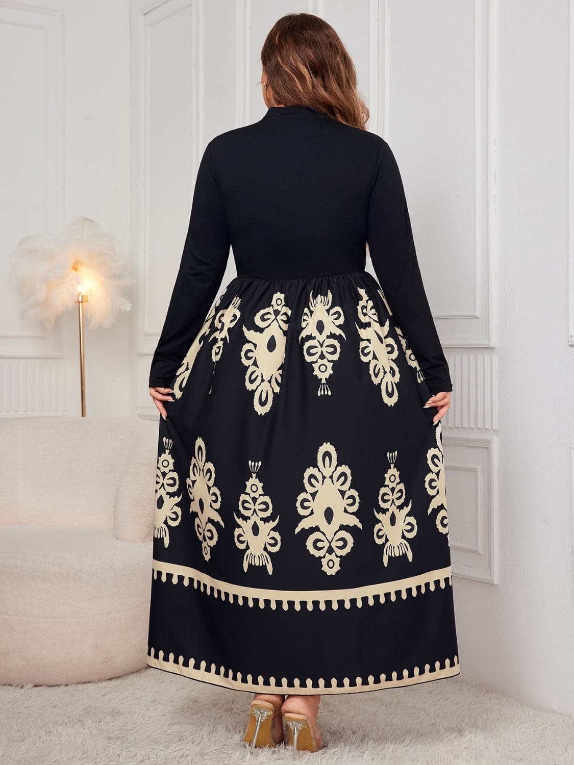 Plus Size Printed Mock Neck Long Sleeve Dress.