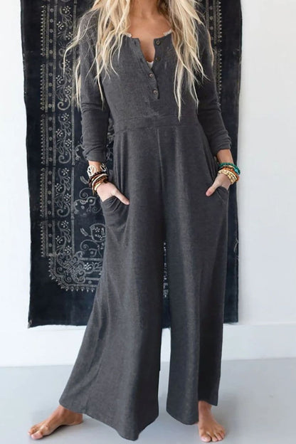 Pocketed Long Sleeve Wide Leg Jumpsuit.