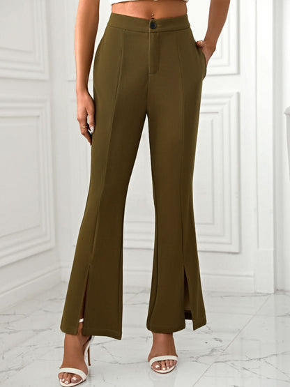 Split Hem Flared Trousers with Functional Pockets