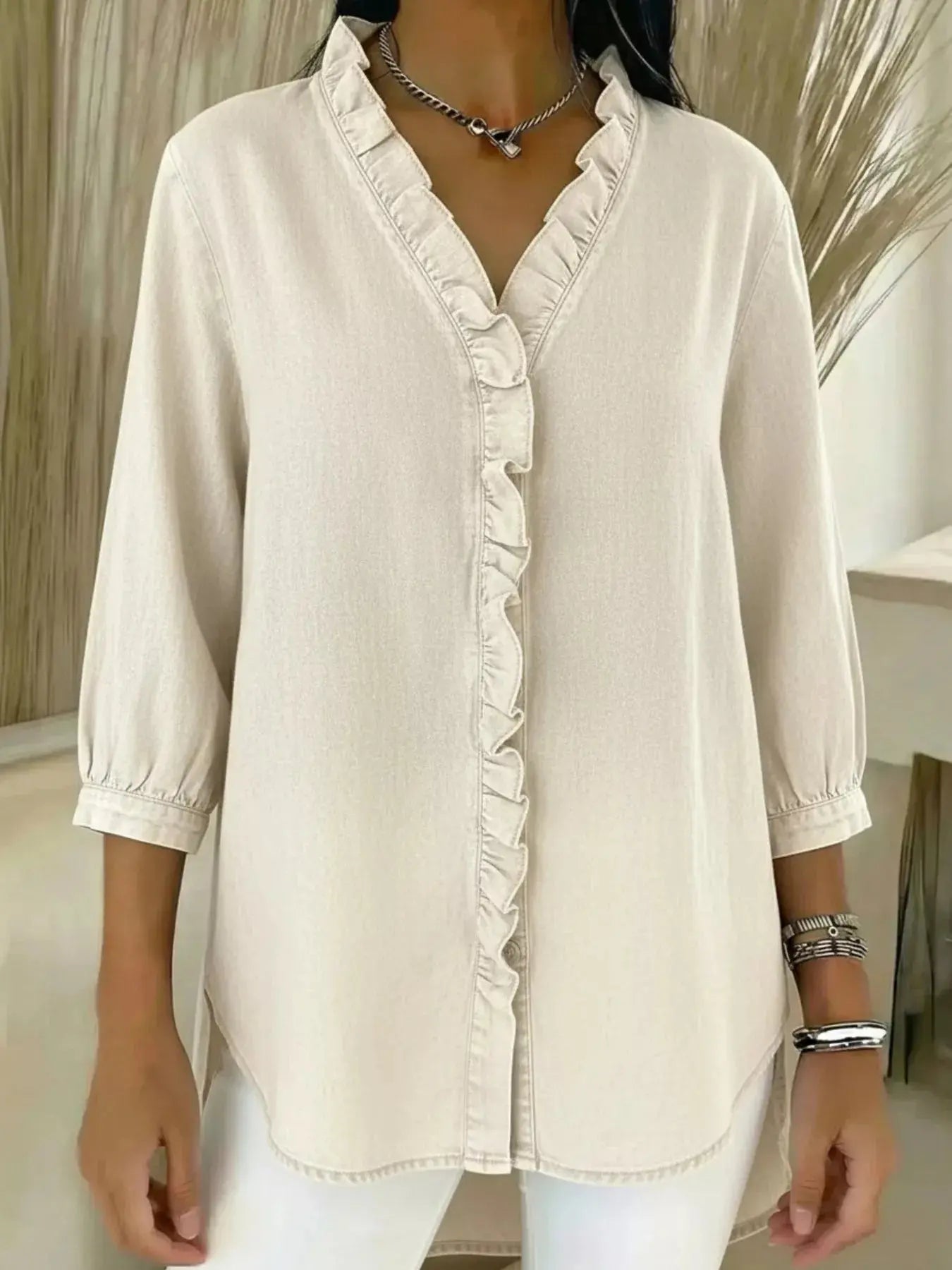 Full Size V-Neck Ruffled Button Down Shirt Plus Size Simply Love