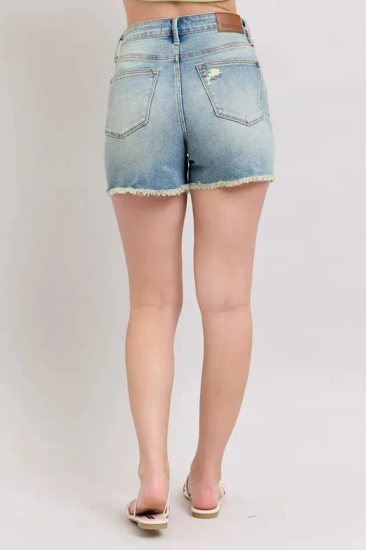 Judy Blue High Rise Washed Fly Stitch Detail and Destroy Denim Shorts Coco’s Tee Boutique