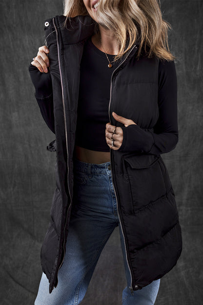 Stylish black longline windproof puffer vest with convenient pockets