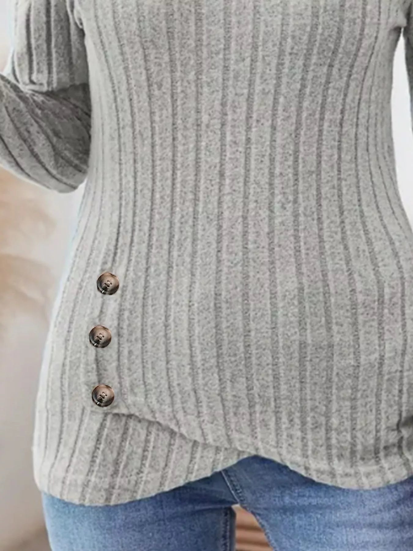Ribbed Knit Notched Long Sleeve Top Simply Love
