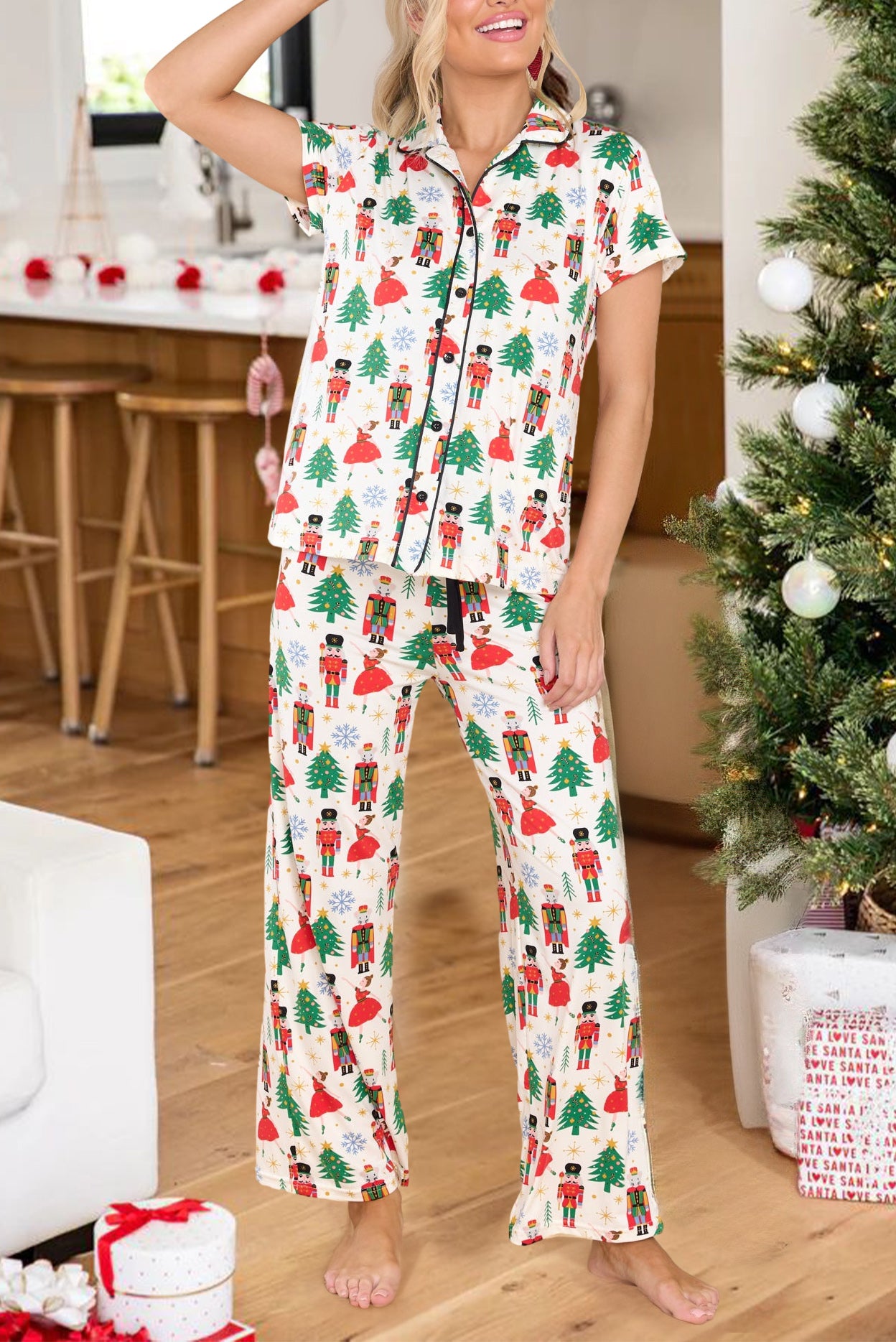 Cozy white Christmas print button-up sleep set