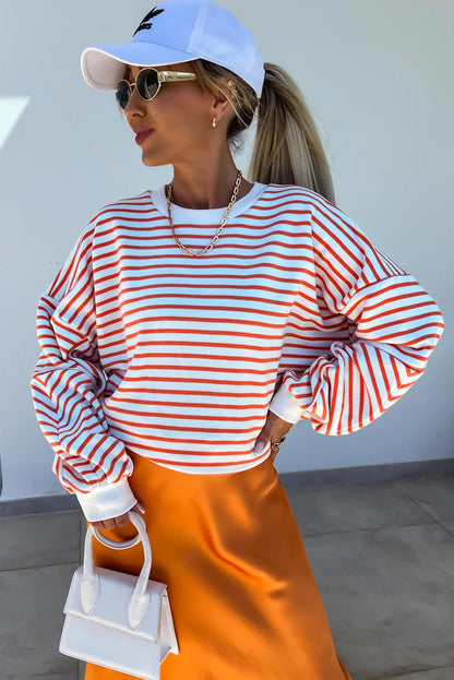 Chic orange stripe oversized crew neck sweatshirt