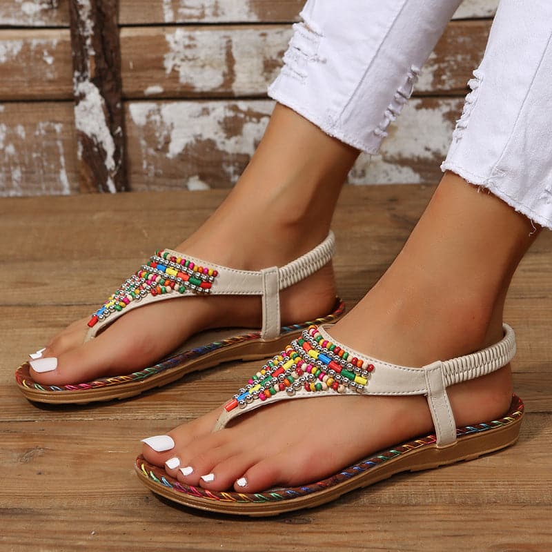 PU Leather Beaded Flat Sandals.