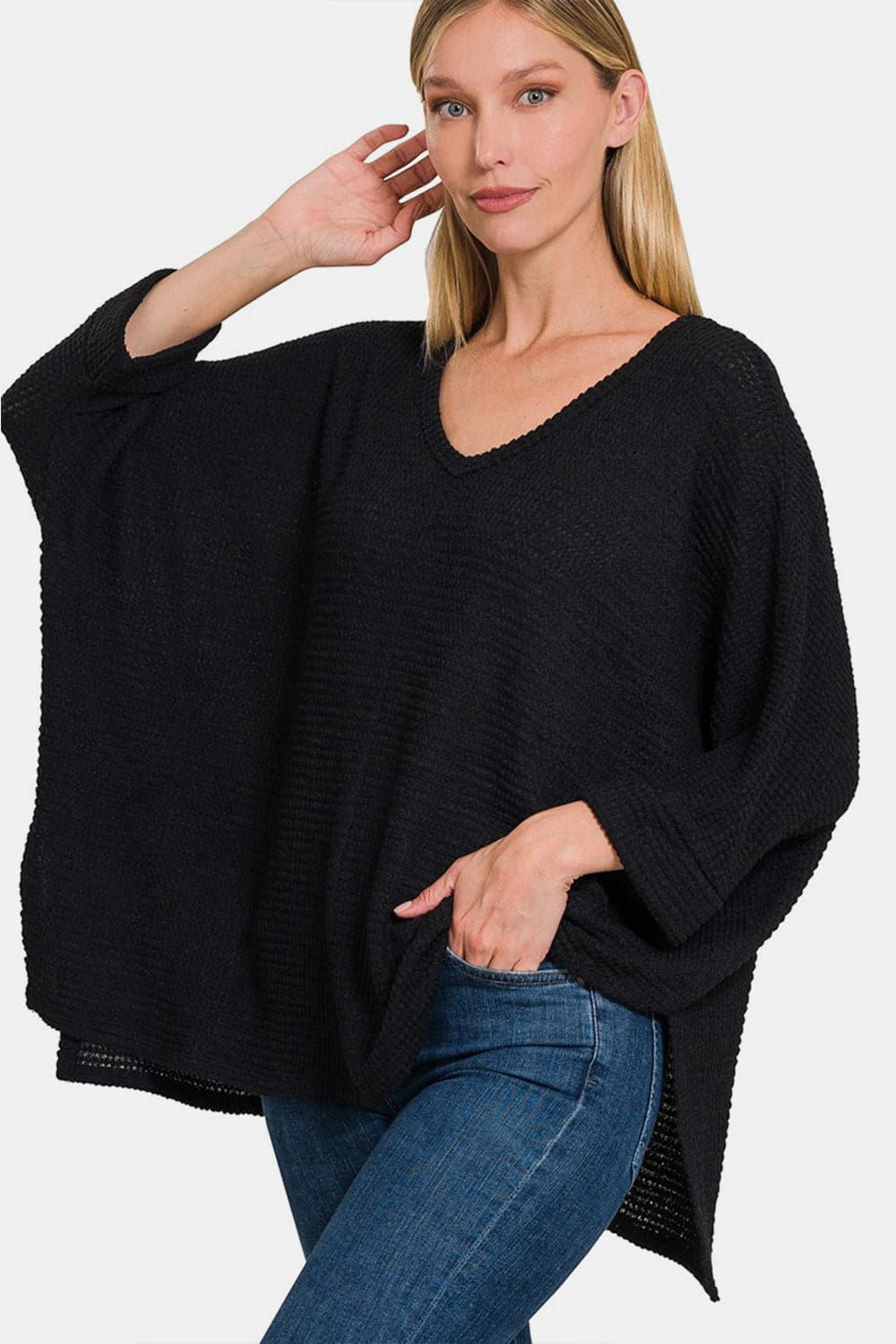 Zenana Full Size Waffle Knit V-Neck Long Sleeve Slit Top.