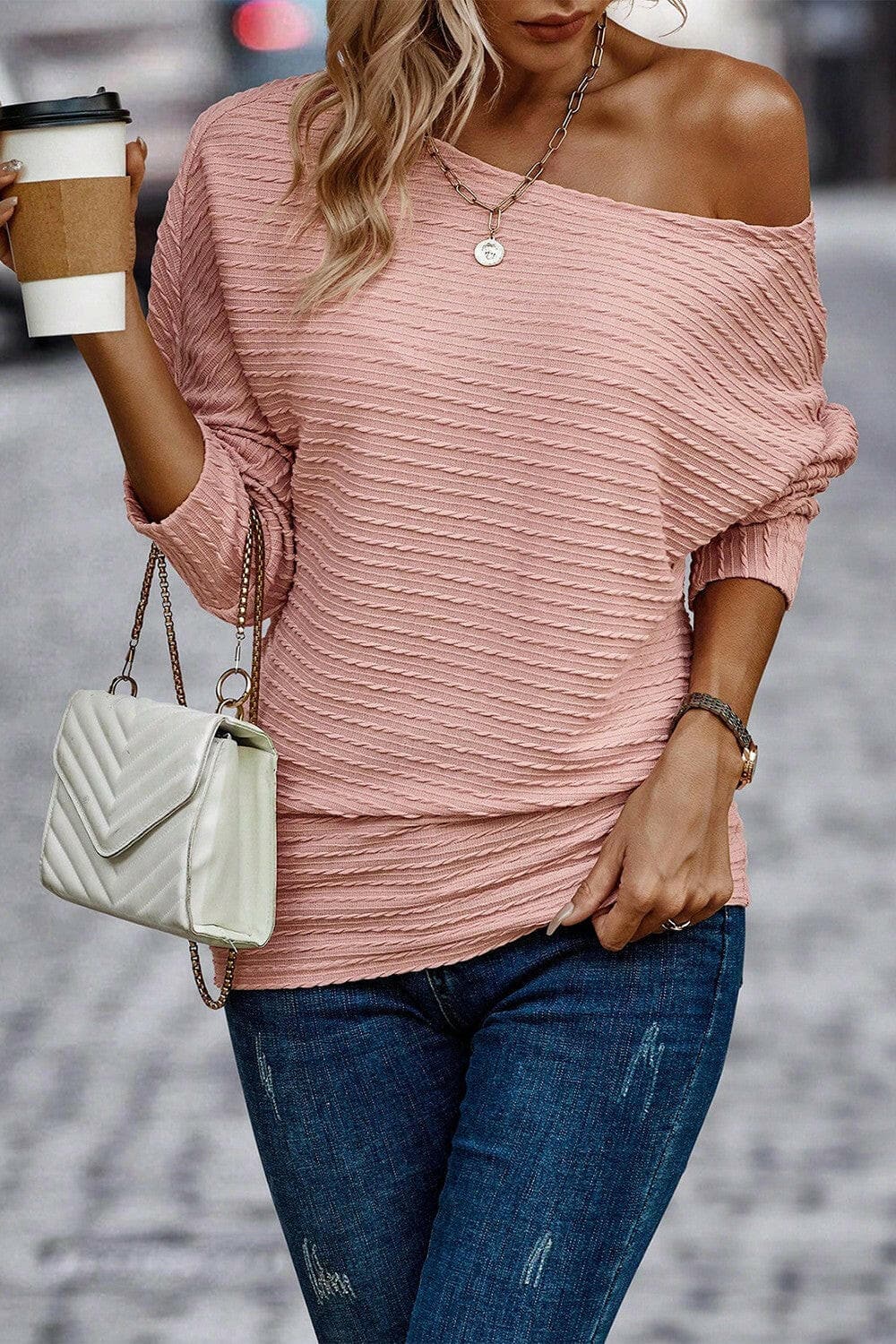 Texture Round Neck Long Sleeve Top.