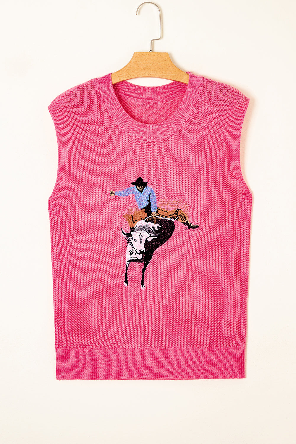 Bright Pink Western Cowboy Embroidery Sleeveless Sweater - Love Salve 
