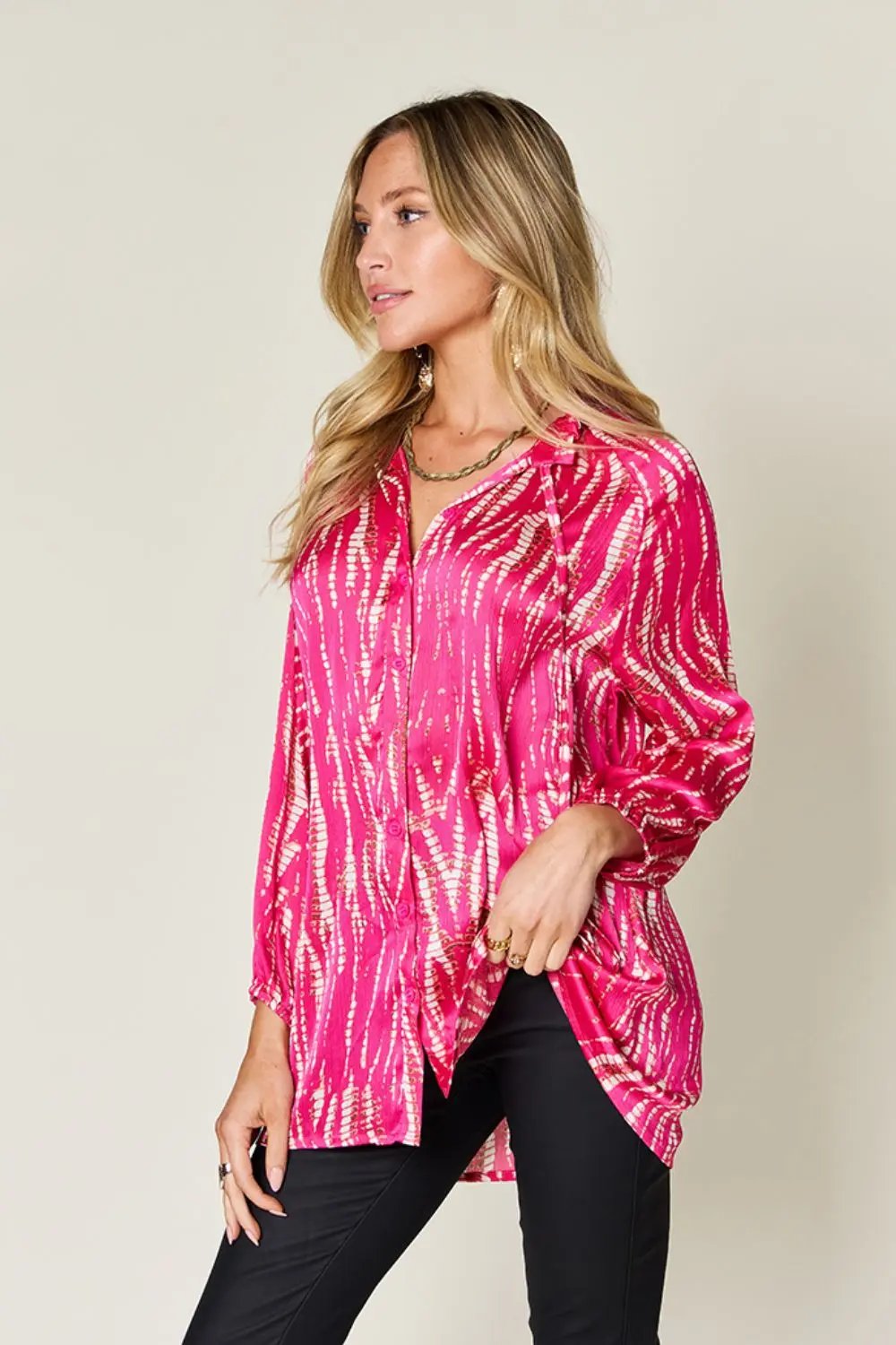 Double Take Full Size Printed Button Up Long Sleeve Shirt - Love Salve