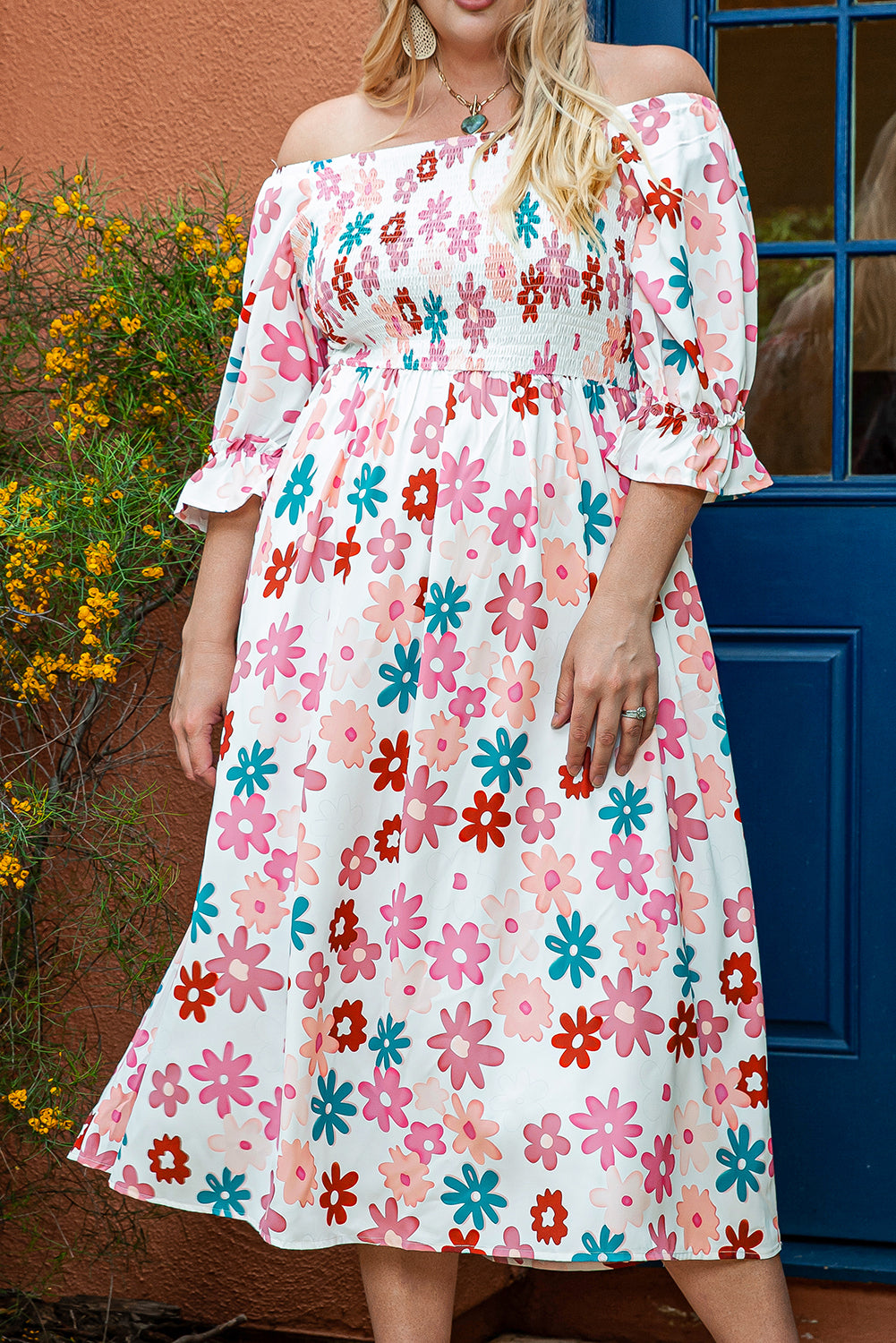 Elegant white floral off-shoulder dress for plus sizes